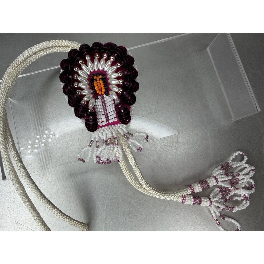 Vintage Southwestern Chief Native American Seed Beed Sequin Fringe Bolo Tie